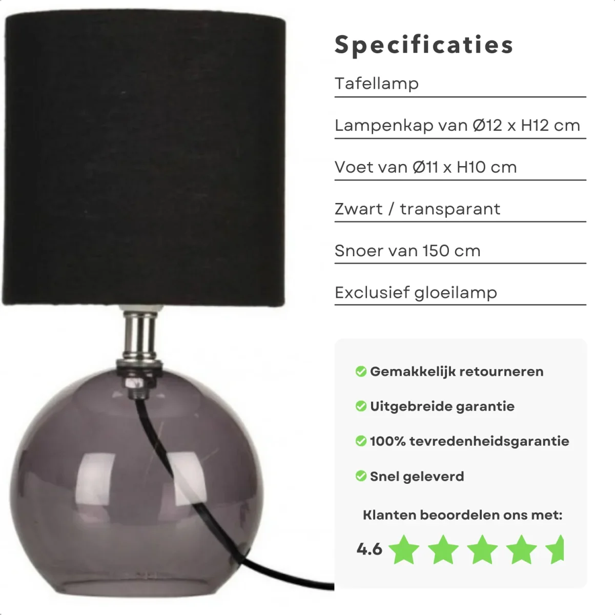 Cheqo® Tafellamp met Zwarte Lampenkap - 24cm - Zwart - Glazen Basis - Nachtkastje Lamp - Aan/Uit-Schakelaar - 150cm Snoer - E14 - Afbeelding 3