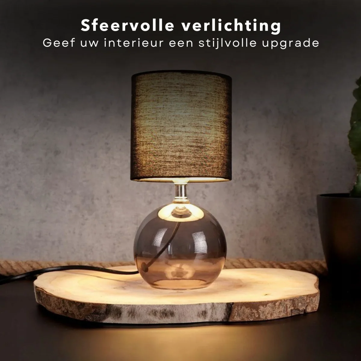 Cheqo® Tafellamp met Zwarte Lampenkap - 24cm - Zwart - Glazen Basis - Nachtkastje Lamp - Aan/Uit-Schakelaar - 150cm Snoer - E14 - Afbeelding 6