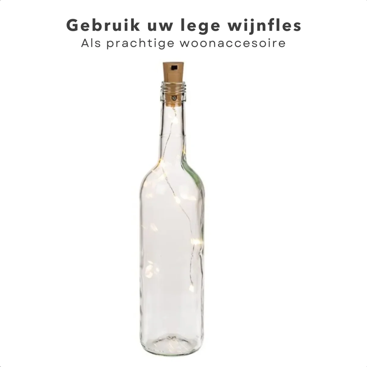 Cheqo® Kurk met 8 LED Lampjes - Flesverlichting - Maak van Je lege Wijnfles een Sfeervol Woonaccessoire - 75cm Koperlichtstreng - 8 Warm-Wit LED-Lampjes - Aan-Uit Schakelaar - Met Batterijen - Afbeelding 5