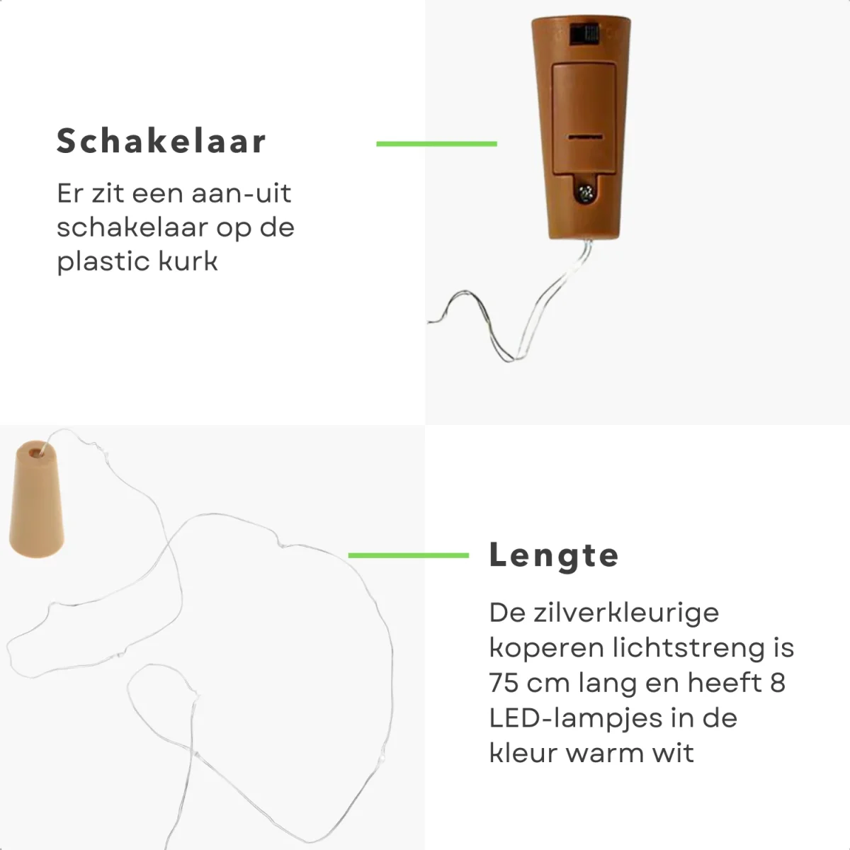 Cheqo® Kurk met 8 LED Lampjes - Flesverlichting - Maak van Je lege Wijnfles een Sfeervol Woonaccessoire - 75cm Koperlichtstreng - 8 Warm-Wit LED-Lampjes - Aan-Uit Schakelaar - Met Batterijen - Afbeelding 4