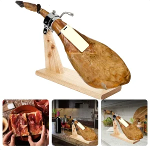 Cheqo® Hamhouder met RVS Klemmen en Houten Standaard - Roterend - 47x17x24cm - 4 Viltglijders - Bescherm Beschadigingen