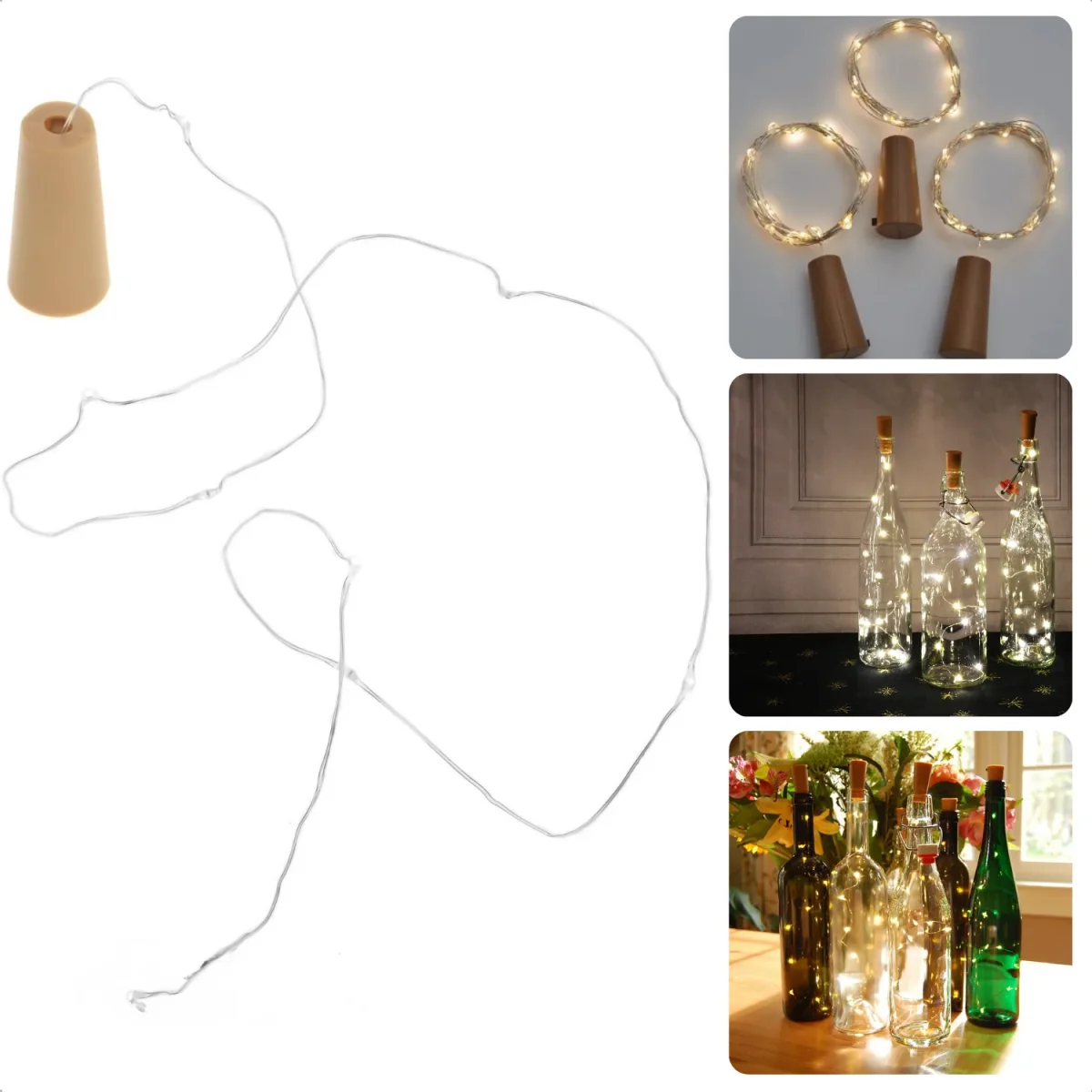 Cheqo® Kurk met 8 LED Lampjes - Flesverlichting - Maak van Je lege Wijnfles een Sfeervol Woonaccessoire - 75cm Koperlichtstreng - 8 Warm-Wit LED-Lampjes - Aan-Uit Schakelaar - Met Batterijen - Afbeelding 2