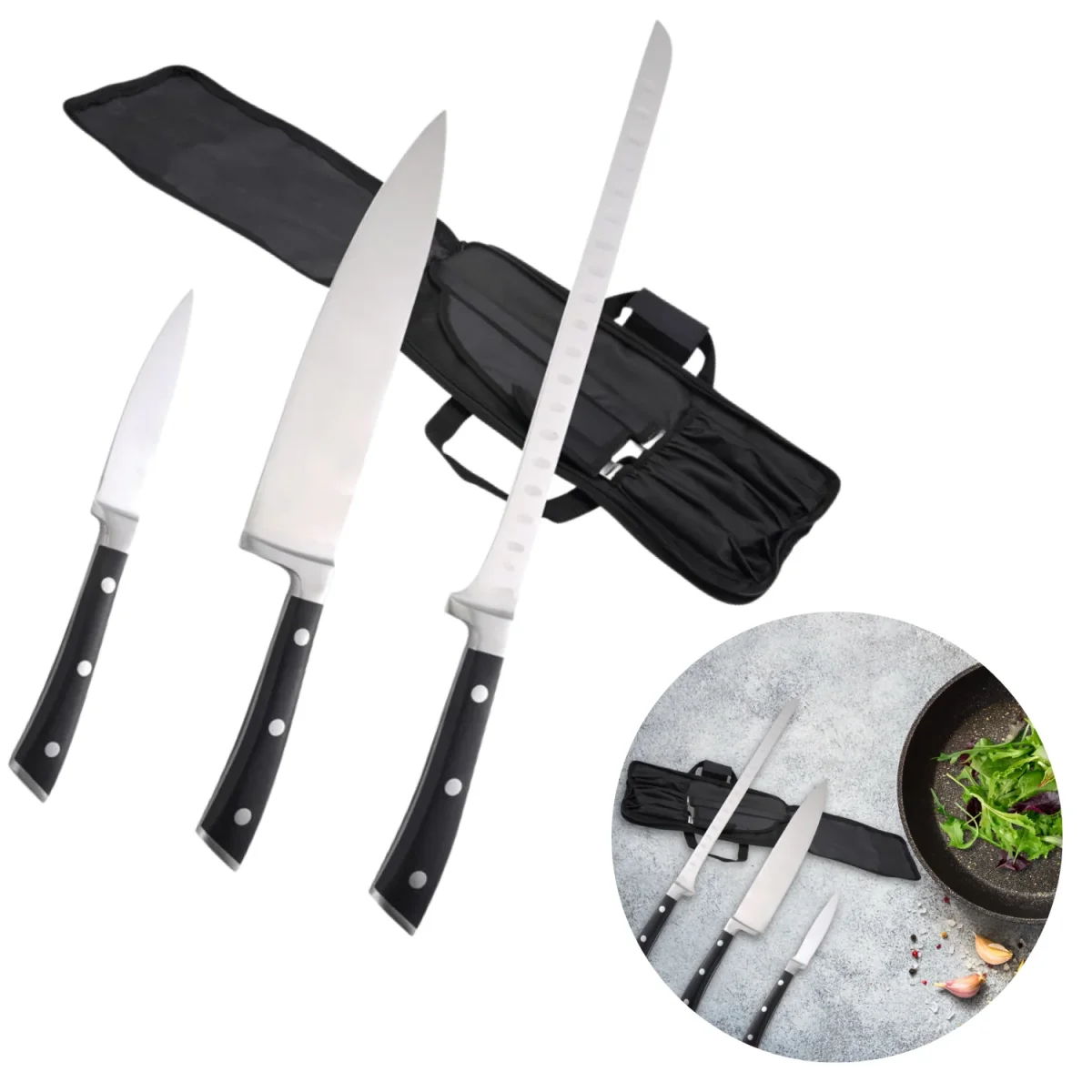Cheqo® PRO Messenset met Koksmes - Hammes - Ham Mes - Dunschiller - RVS - Vaatwasserbestendig - Keukenmessen - Koksmessen - Met Etui - 3 Delig - Afbeelding 2