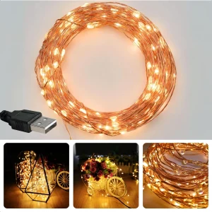 Cheqo® LED Lichtslinger USB - Kerstboomverlichting - Kerstlampjes - Kerstverlichting - Warm Wit - 10 Meter USB - Flexibele Koperdraad Verlichting