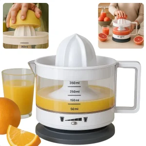 Cheqo® Elektrische Citruspers - Sinaasappelpers - Citroenpers - Vers Geperst Sap - Vaatwasserbestendig - Twee Draairichtingen - Instelbaar Pulpfilter - Sap Reservoir - Compacte Juicer - 350 ml Inhoud - Eenvoudig Schoon Te Maken - Snoeropslag