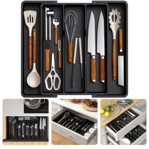 Cheqo® Verstelbare Bestekbak - Uitschuifbaar 33-57 cm - Besteklade Organizer - 8 Vakken - Bestekhouder - Kunststof Zwart