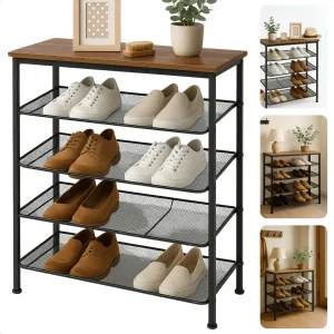 Cheqo® Luxe Schoenenrek met Tafelblad - Schoenenkast - Opbergen van Schoenen - Hout Metaal - Verstelbare Poten - Zwart