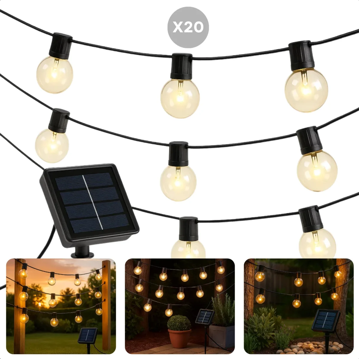 Cheqo® Solar Lichtsnoer - Zonne-Energie Verlichting - Warm Wit LED - Energiezuinige Verlichting - Milieuvriendelijke Verlichting - Buitenverlichting - Tuinverlichting Op Zonne-Energie - Lichtslinger Buiten - Sfeerverlichting - 20 LED Lampjes - Afbeelding 2