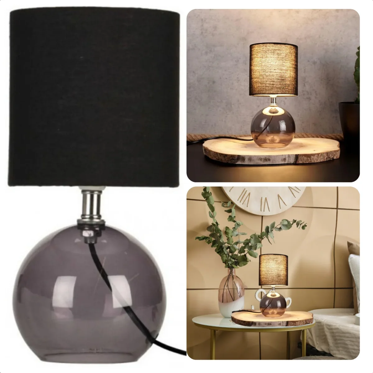 Cheqo® Tafellamp met Zwarte Lampenkap - 24cm - Zwart - Glazen Basis - Nachtkastje Lamp - Aan/Uit-Schakelaar - 150cm Snoer - E14 - Afbeelding 2