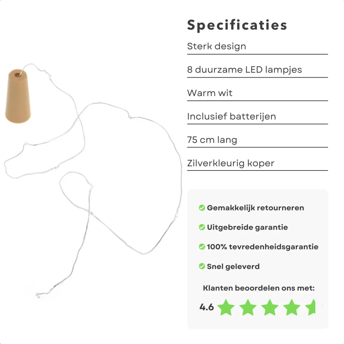 Cheqo® Kurk met 8 LED Lampjes - Flesverlichting - Maak van Je lege Wijnfles een Sfeervol Woonaccessoire - 75cm Koperlichtstreng - 8 Warm-Wit LED-Lampjes - Aan-Uit Schakelaar - Met Batterijen - Afbeelding 3