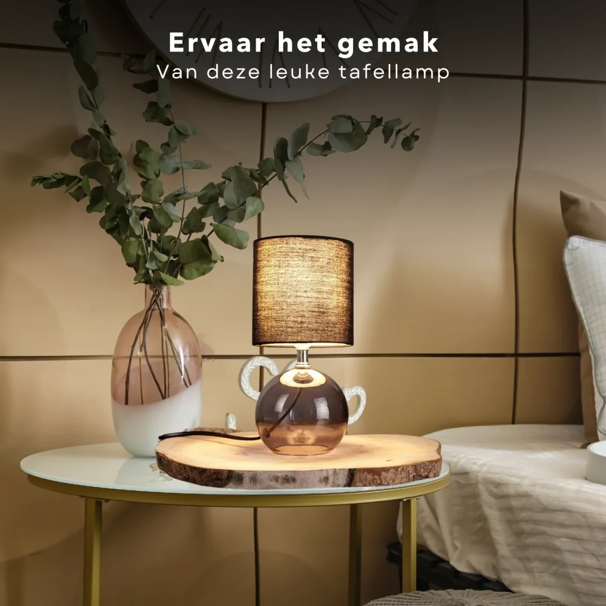Cheqo® Tafellamp met Zwarte Lampenkap - 24cm - Zwart - Glazen Basis - Nachtkastje Lamp - Aan/Uit-Schakelaar - 150cm Snoer - E14 - Afbeelding 7