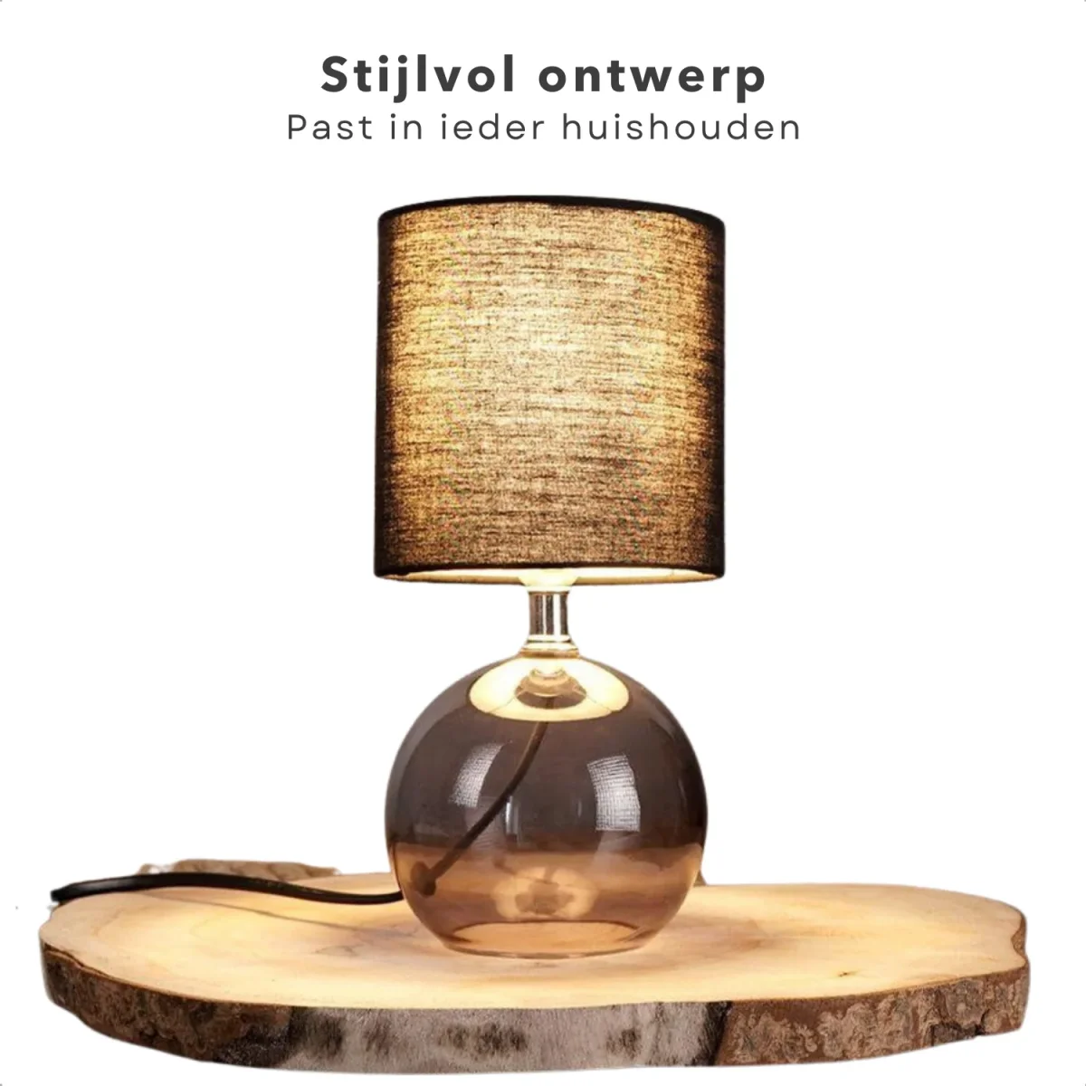 Cheqo® Tafellamp met Zwarte Lampenkap - 24cm - Zwart - Glazen Basis - Nachtkastje Lamp - Aan/Uit-Schakelaar - 150cm Snoer - E14 - Afbeelding 5