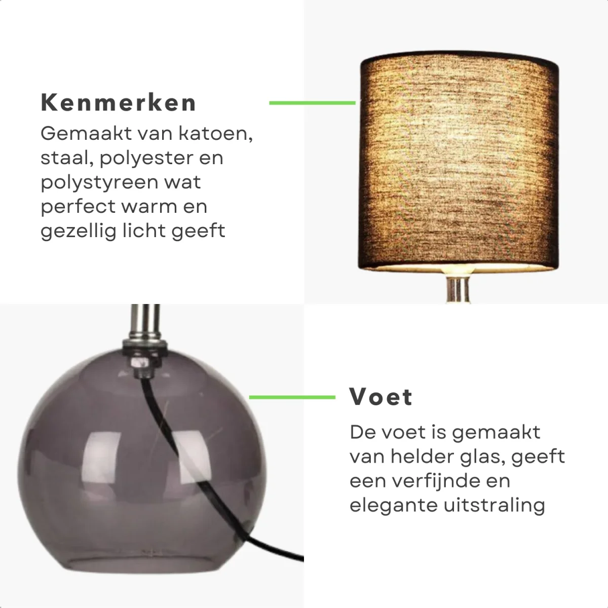 Cheqo® Tafellamp met Zwarte Lampenkap - 24cm - Zwart - Glazen Basis - Nachtkastje Lamp - Aan/Uit-Schakelaar - 150cm Snoer - E14 - Afbeelding 4