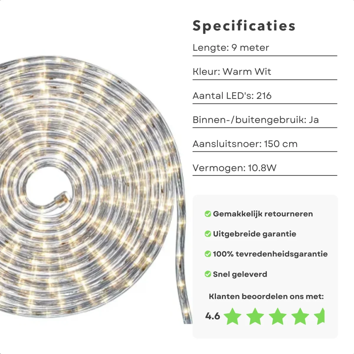 Cheqo® Flexibele LED Lichtslang - 9 Meter - Buitenverlichting - Feestverlichting - Voor Binnen en Buiten - LED Verlichting - 24 LED's - Aansluitsnoer 150 cm - Lange Levensduur - Sfeerverlichting - Afbeelding 3