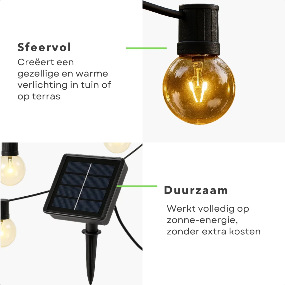 Cheqo® Solar Lichtsnoer - Zonne-Energie Verlichting - Warm Wit LED - Energiezuinige Verlichting - Milieuvriendelijke Verlichting - Buitenverlichting - Tuinverlichting Op Zonne-Energie - Lichtslinger Buiten - Sfeerverlichting - 20 LED Lampjes - Afbeelding 4