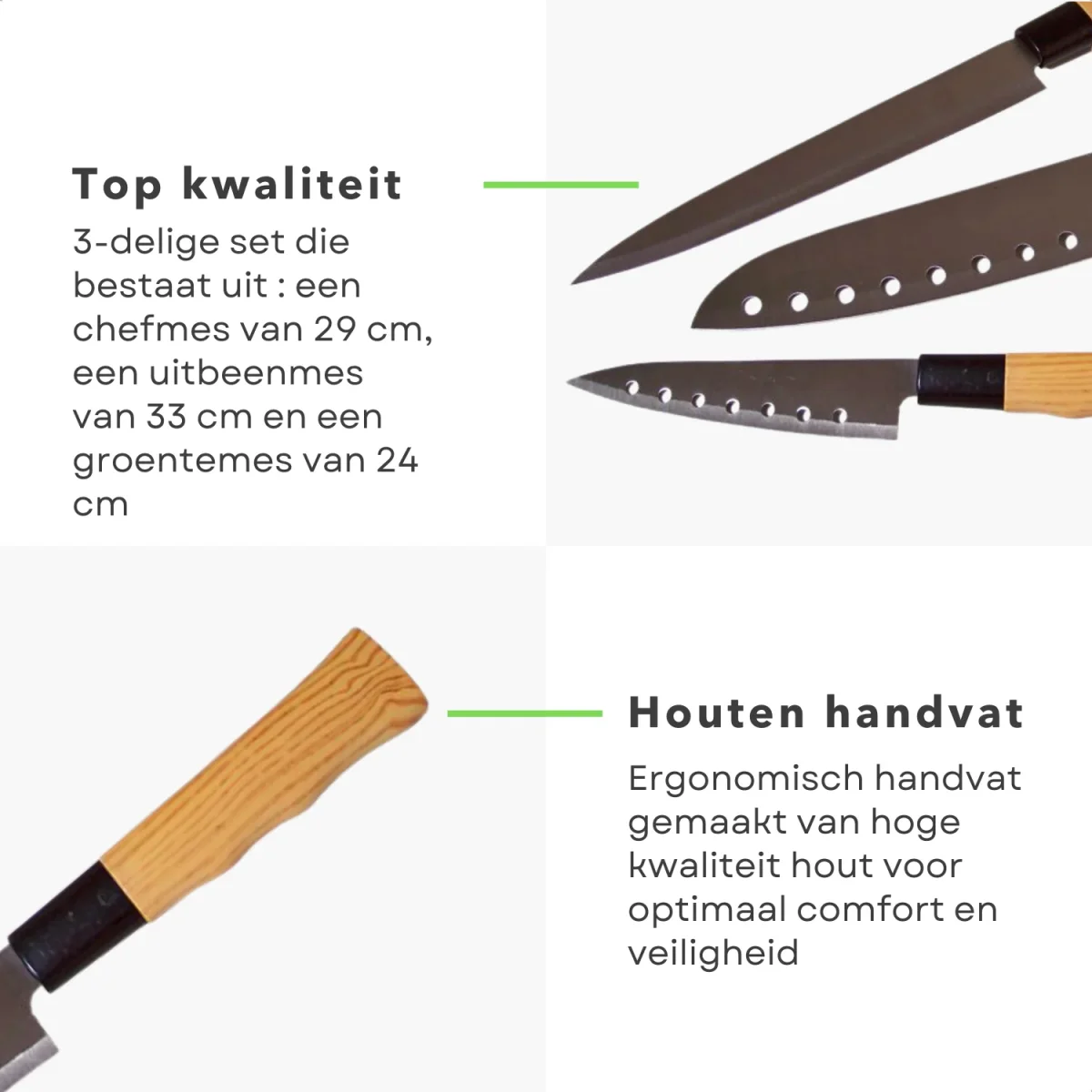 Cheqo® PRO Aziatische Messenset met Chefmes - Uitbeenmes - Groentemes - RVS - Vaatwasserbestendig - Keukenmessen - Koksmessen met Houten Kist - Afbeelding 4
