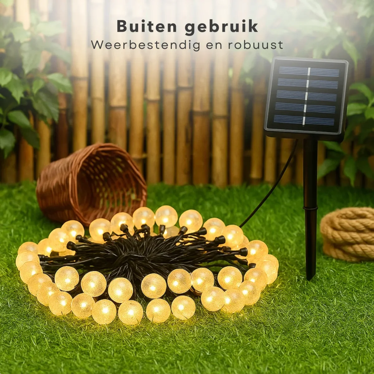 Cheqo® Solar Lichtsnoer - Fairy Lights - Lichtslinger voor Binnen en Buiten - Kerst Verlichting - Tuinverlichting - Feestverlichting Zonne Energie - Solar Buitenverlichting - Solar Tuinverlichting - Warm Wit - 50 LED Bollen - Afbeelding 5