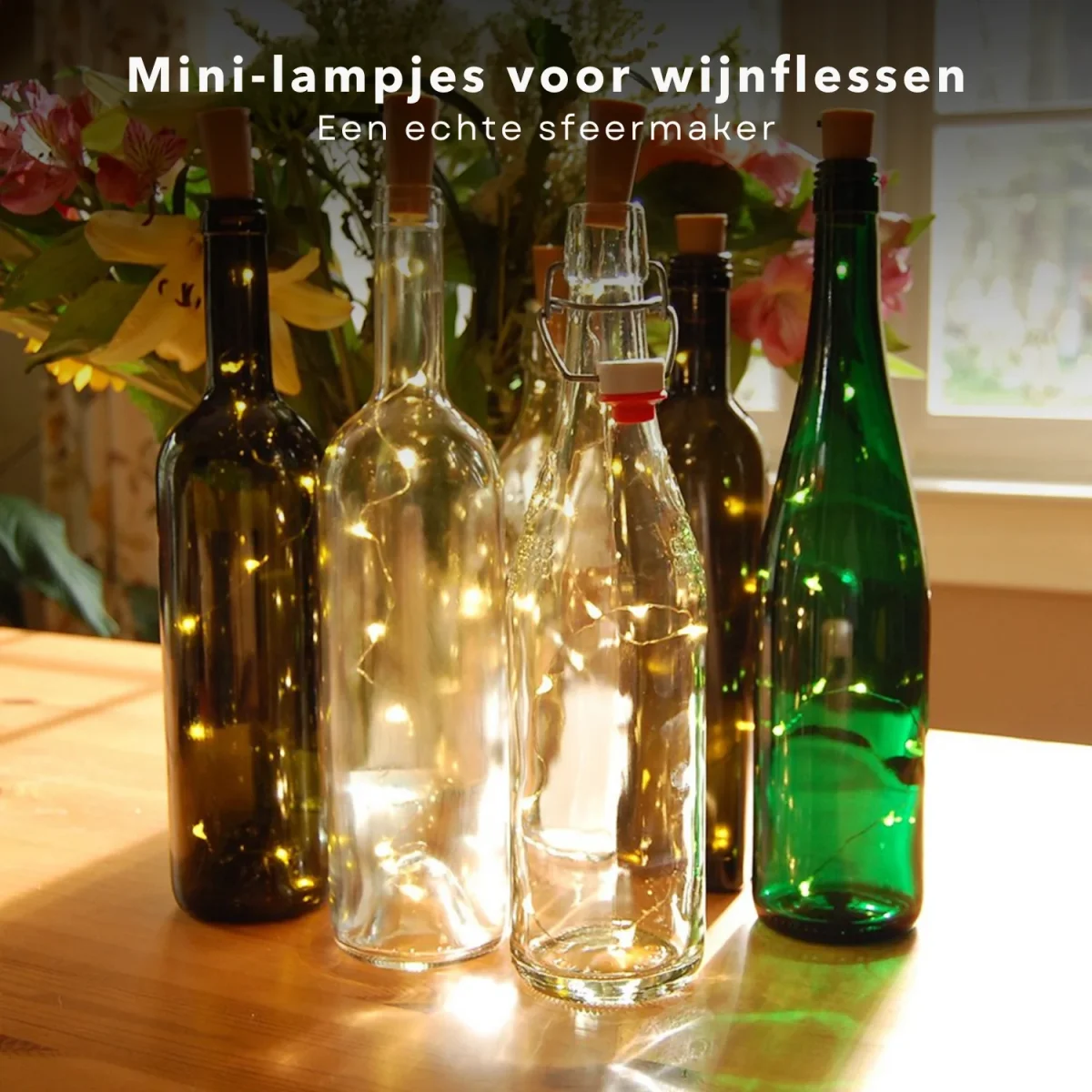 Cheqo® Kurk met 8 LED Lampjes - Flesverlichting - Maak van Je lege Wijnfles een Sfeervol Woonaccessoire - 75cm Koperlichtstreng - 8 Warm-Wit LED-Lampjes - Aan-Uit Schakelaar - Met Batterijen - Afbeelding 7